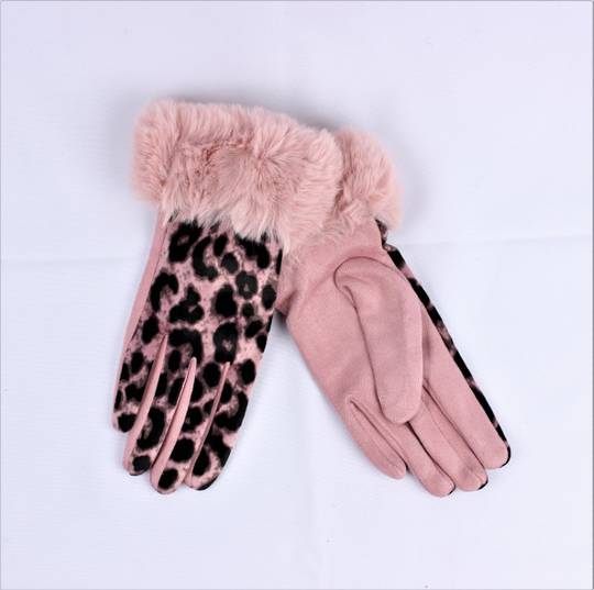 Shackelford ladies animal print glove w fur cuff pink Style; S/LK4853